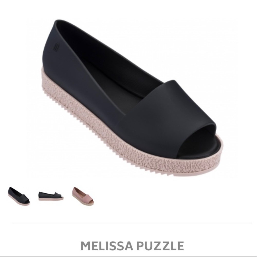 Melissa Puzzle Peep-Toe Flats-Black/Blush Pink- Women’s Size 9